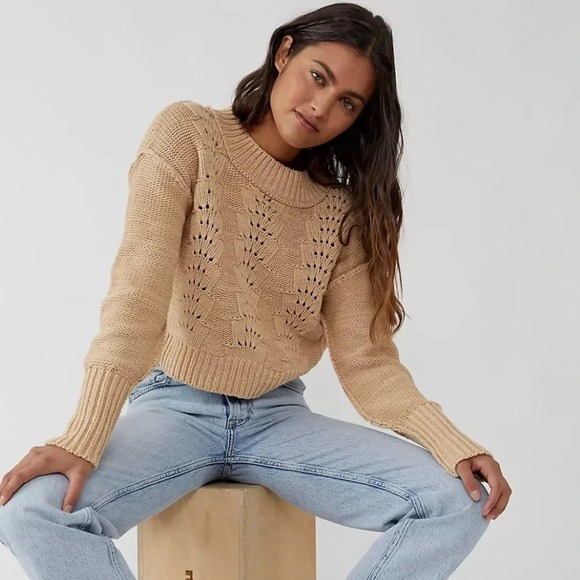 Free People Sweaters - Free People Cropped Pullover Sweater Bell Song Crew Neck Open Knit Tan Small